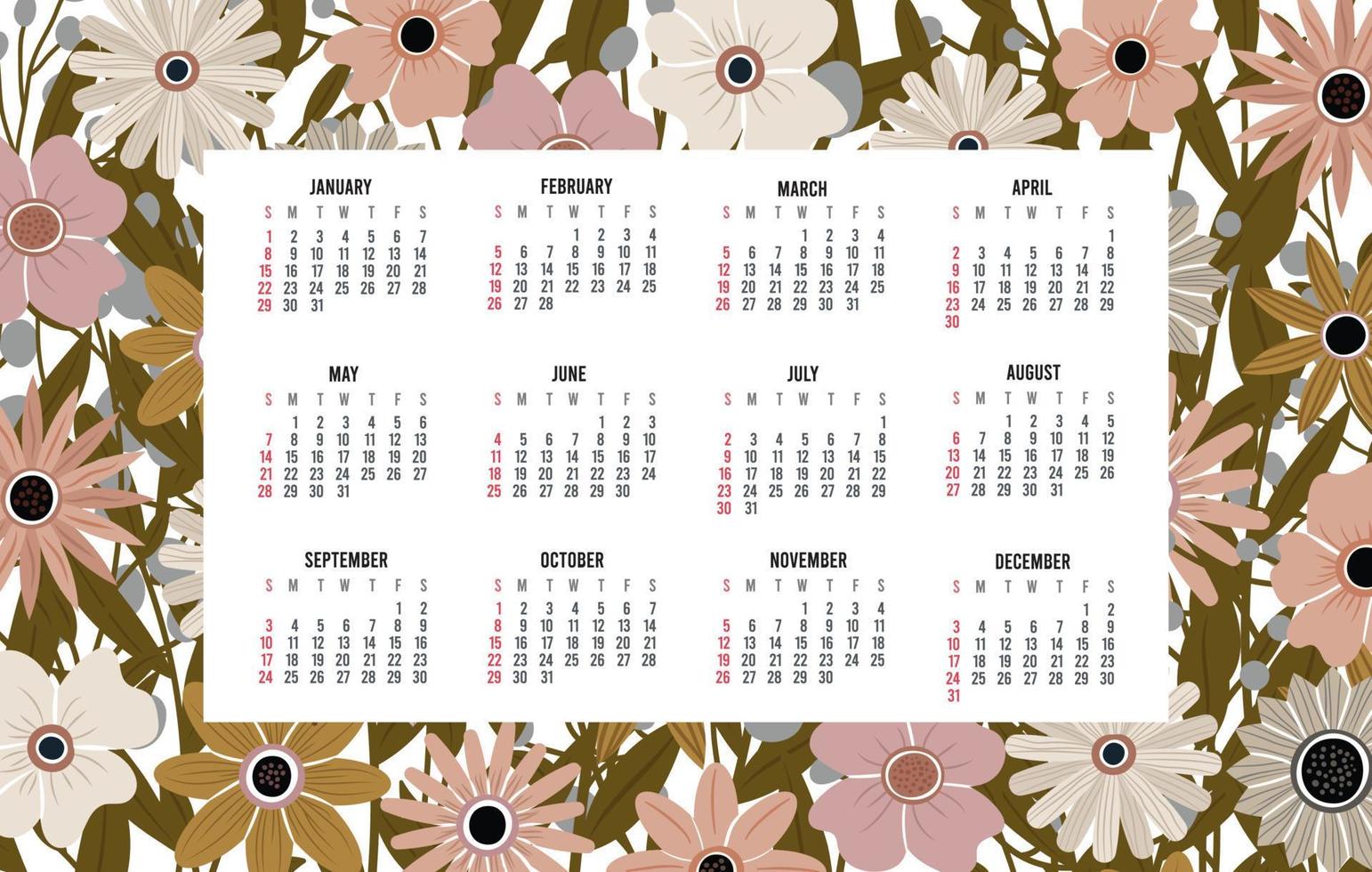 calendrier 2023 avec 12 mois. dimanche semaine début calendrier annuel. modèle de calendrier d'une seule page avec des plantes et des fleurs boho dessinées à la main. illustration vectorielle vecteur