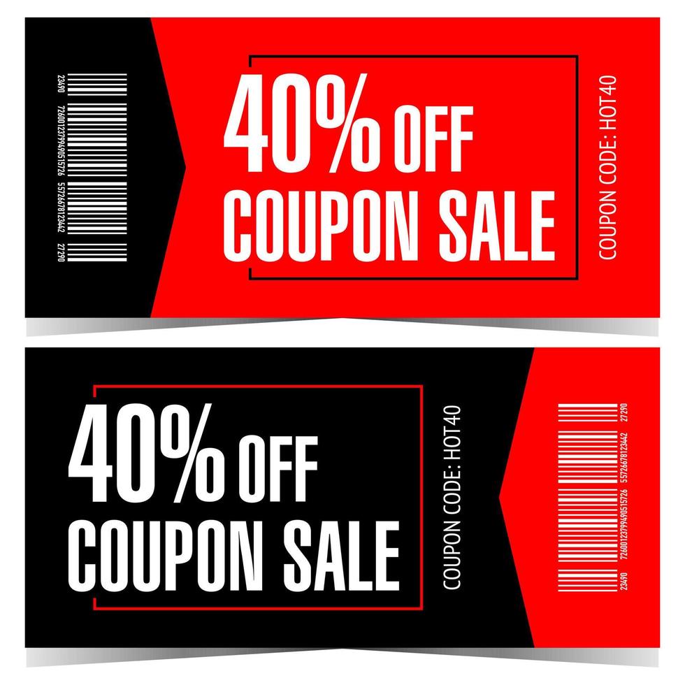 coupon de réduction, bon, billet, dépliant, jeton, talon ou certificat avec 40% de réduction sur la vente et la saison des achats. illustration vectorielle plane dans les couleurs rouges et noires. prêt à imprimer. vecteur