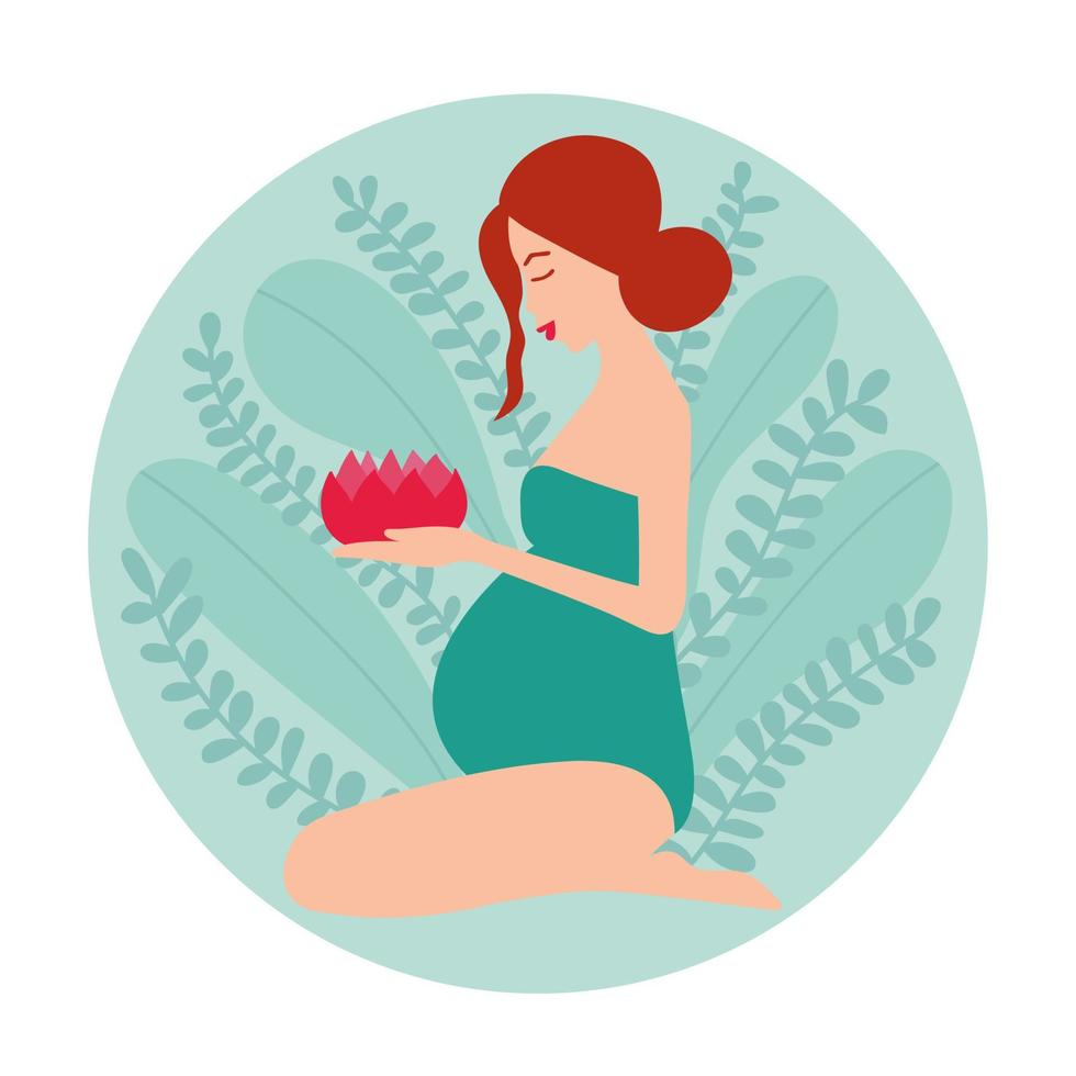 femme enceinte assise sur ses genoux avec une fleur de nénuphar dans ses mains. illustration vectorielle de grossesse. femme enceinte avec ventre. illustration de stock de vecteur. fond de feuilles de plantes. vecteur