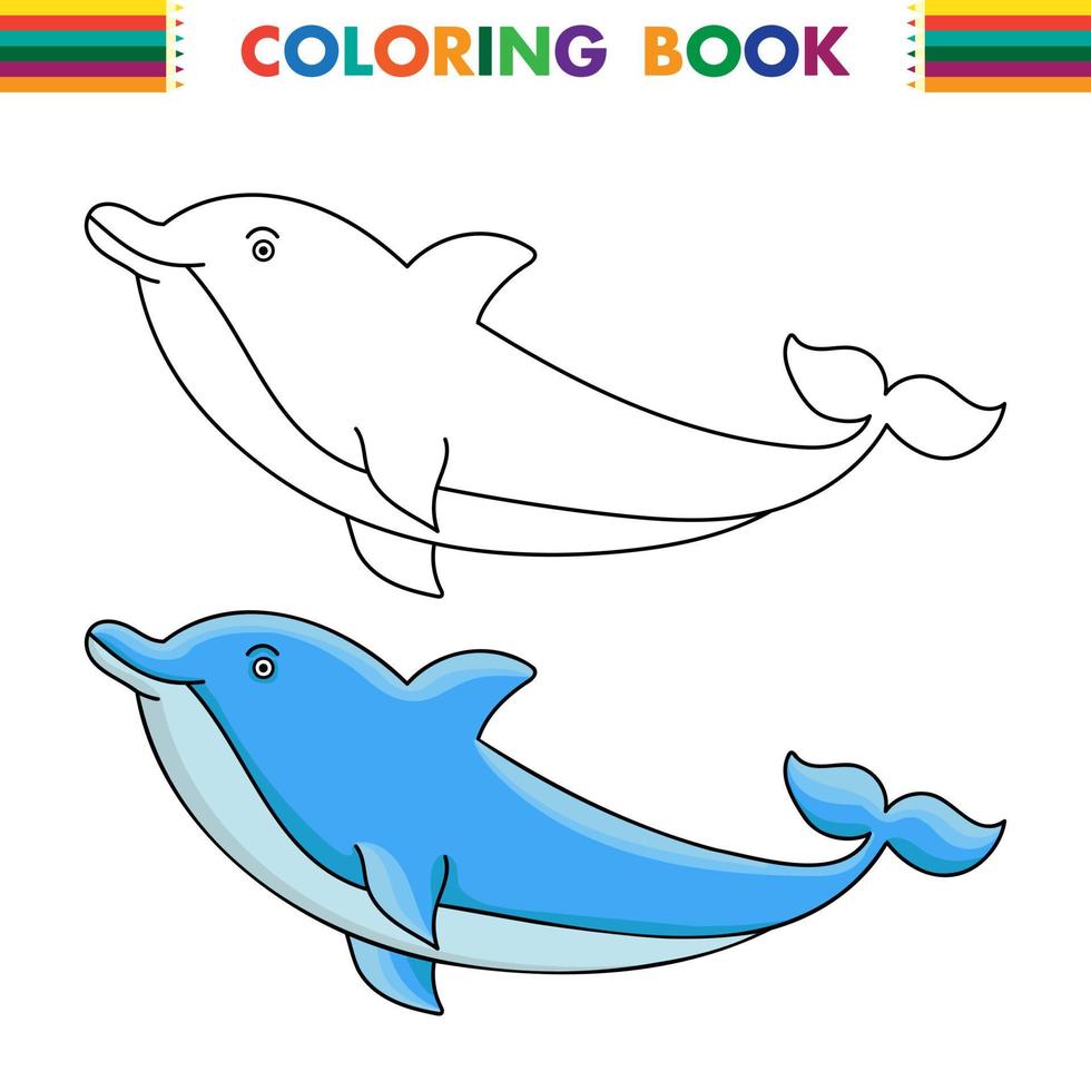 le charmant dauphin souriant joyeux saute au-dessus de l'eau colorée et contour. illustration de vecteur de dessin animé isolé sur blanc. page d'un coloriage.