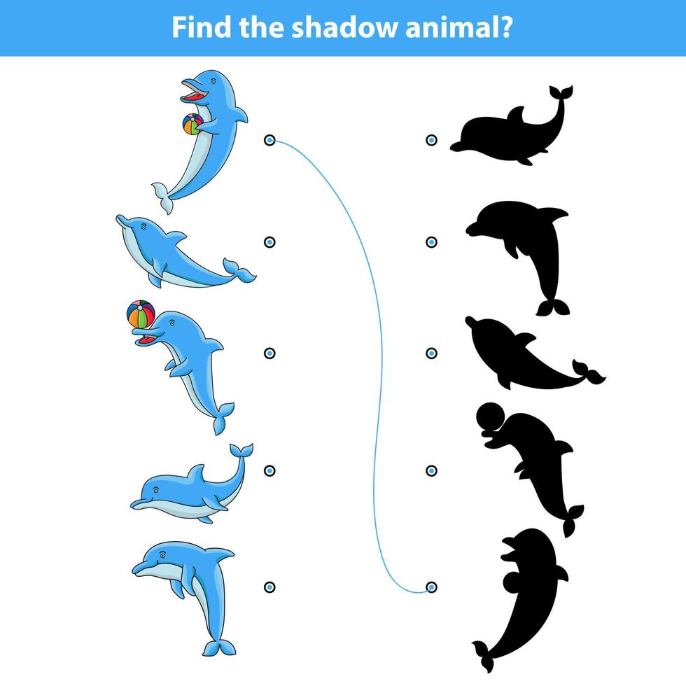 un jeu éducatif pour enfants avec des dauphins appelé trouver l'ombre correcte. illustration vectorielle vecteur