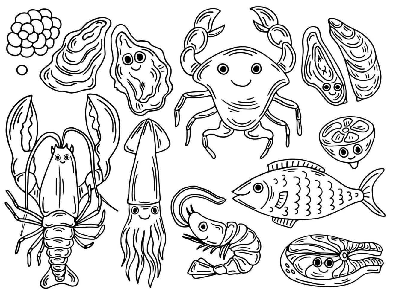 ensemble de doodle de poisson dessiné à la main. doodles abstraits hipster pour les impressions avec des créatures amusantes. poisson, méduse, étoile de mer, poisson blob. illustrations vectorielles kawaii en noir et blanc isolées sur fond blanc. vecteur