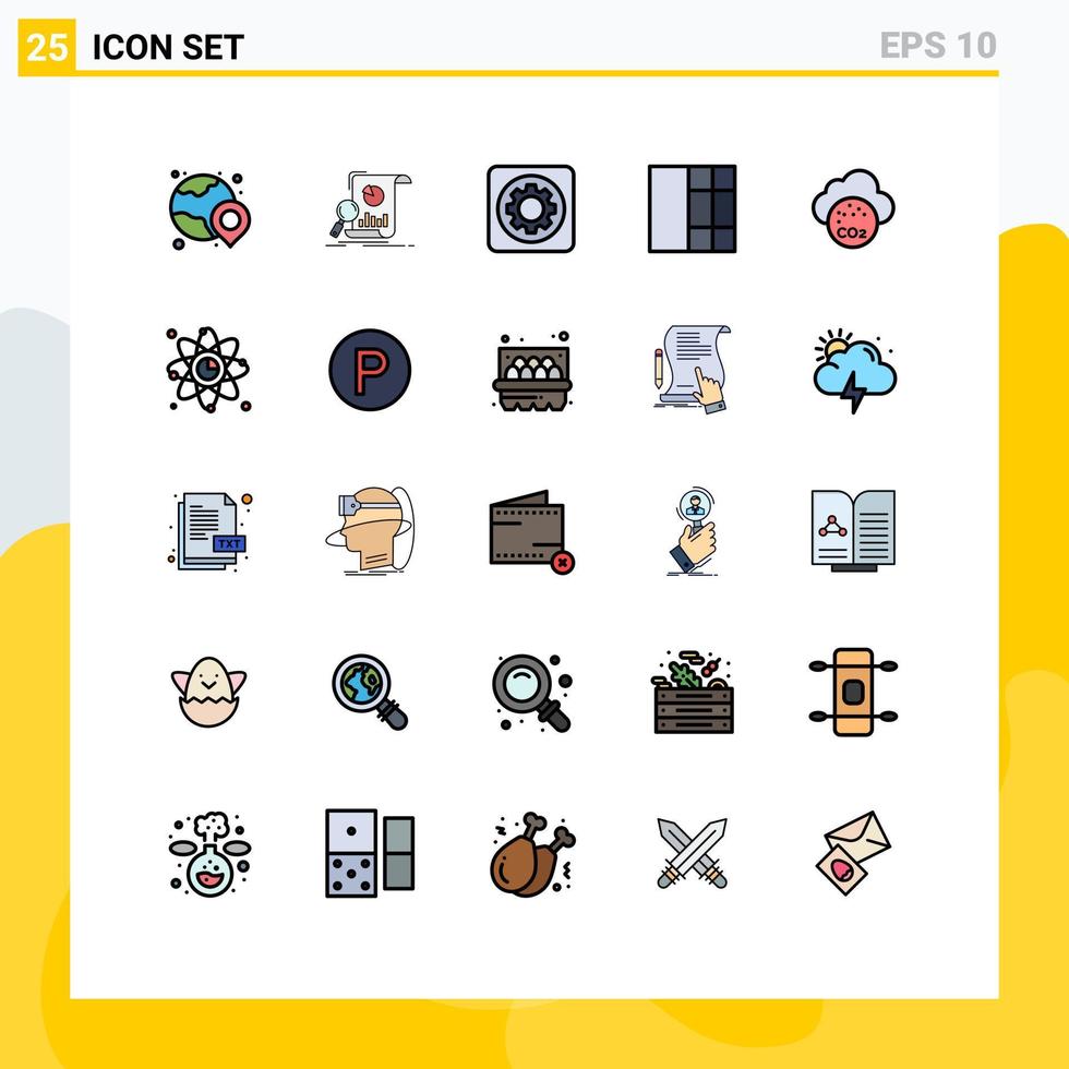 interface mobile ligne remplie couleur plate ensemble de 25 pictogrammes de dioxyde de carbone filaire recherche réglage de la grille éléments de conception vectoriels modifiables vecteur