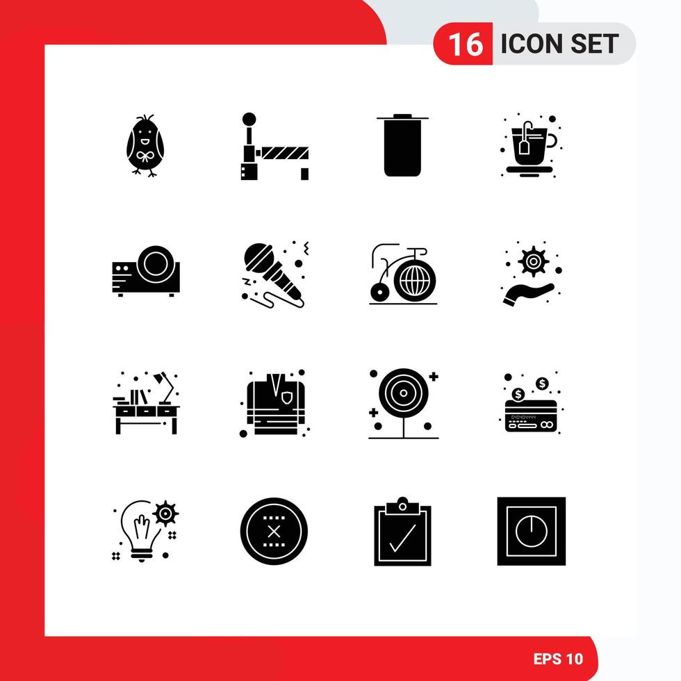 pack de 16 signes et symboles de glyphes solides modernes pour les supports d'impression Web tels que les décors de film de microphone éléments de conception vectoriels modifiables de thé de film vecteur