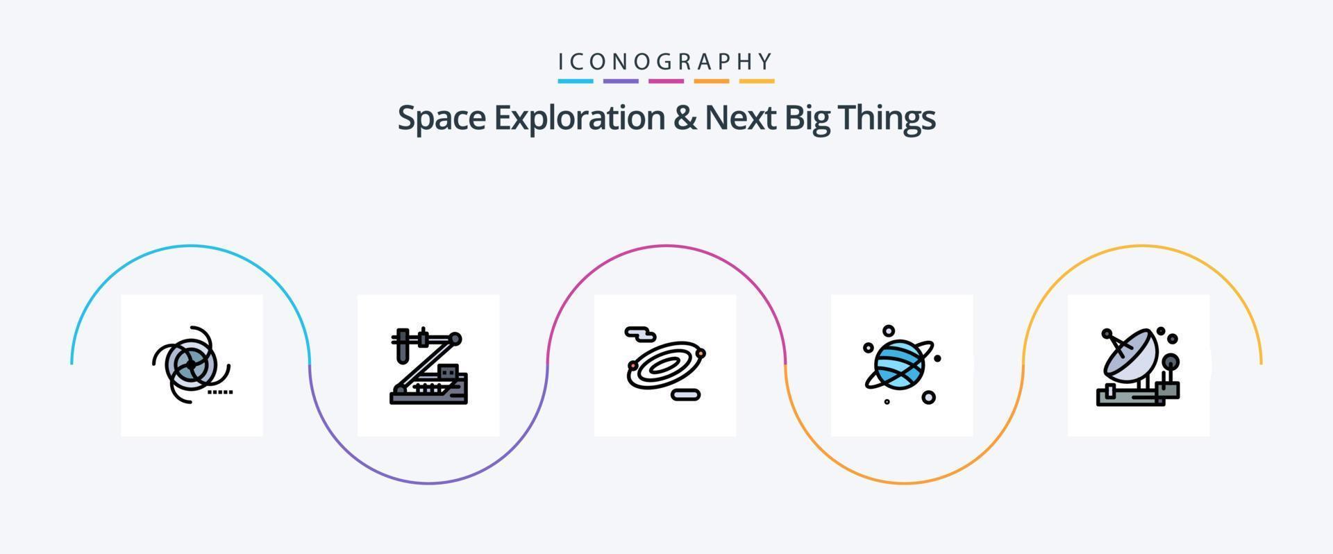 exploration de l'espace et ligne de prochaines grandes choses remplies de 5 icônes plates, y compris la communication. espace. médical. planète. espace vecteur