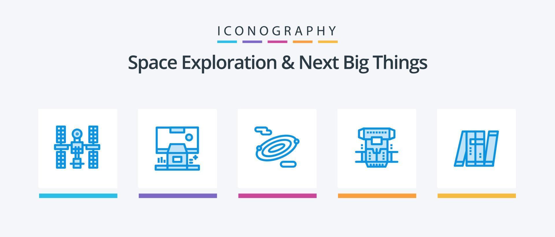 exploration spatiale et pack d'icônes bleu 5 prochaines grandes choses, y compris la cryothérapie. cryogénique. panneau. chambre. espace. conception d'icônes créatives vecteur