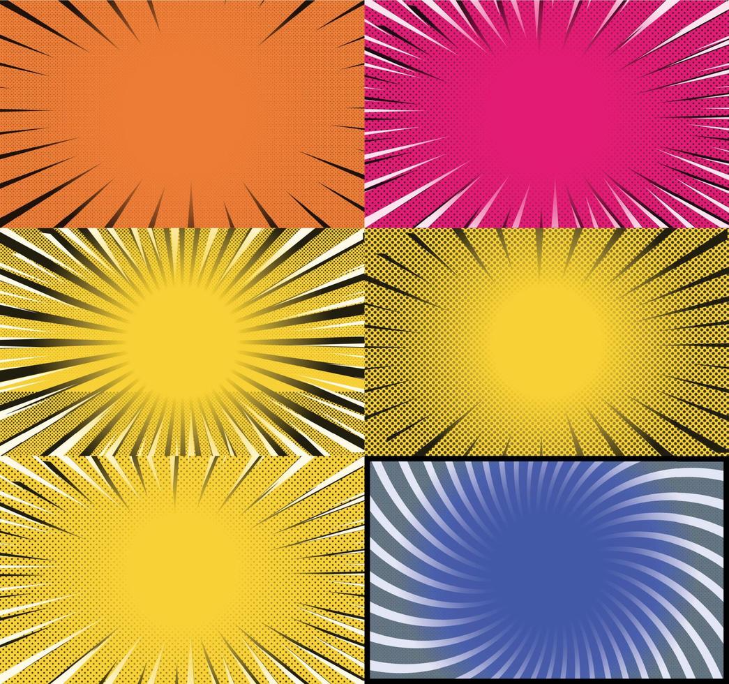 fond de cadres colorés de bande dessinée avec des rayons de demi-teintes effets radiaux et pointillés style pop art vecteur