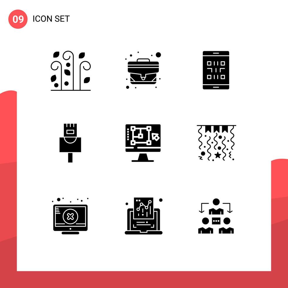 9 glyphes solides universels pour les applications web et mobiles outil de conception code informatique ethernet smartphone éléments de conception vectoriels modifiables vecteur