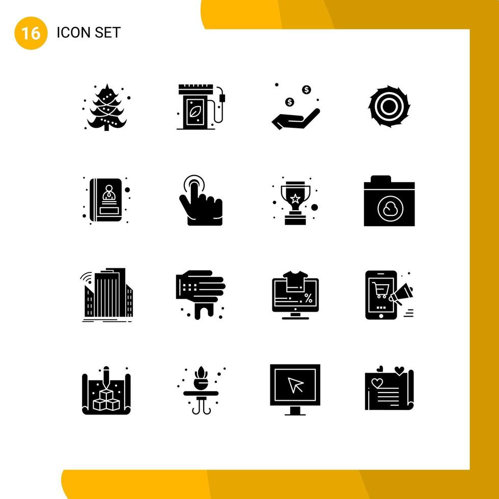 ensemble moderne de 16 pictogrammes de glyphes solides de lames d'adresse de devise de livre de clics éléments de conception vectoriels modifiables vecteur