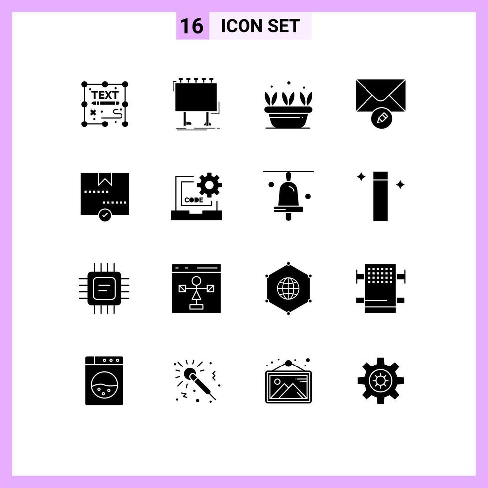 interface mobile glyphe solide ensemble de 16 pictogrammes d'approbation message affiche courrier usine éléments de conception vectoriels modifiables vecteur