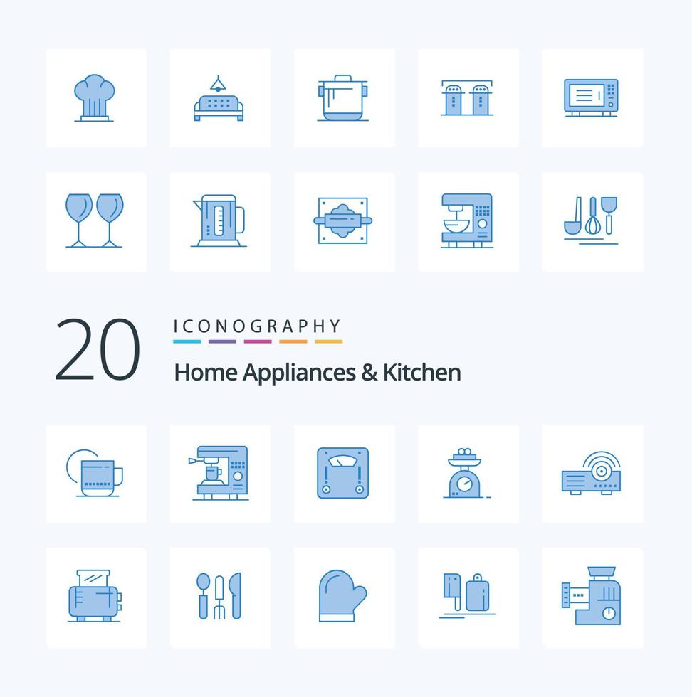 20 appareils électroménagers et pack d'icônes de couleur bleue de cuisine comme le riz salé restaurant cuisine maison vecteur