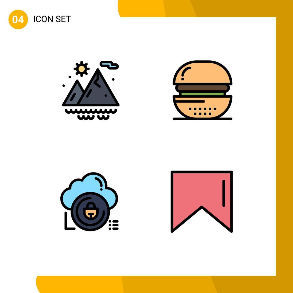 pack de 4 signes et symboles modernes de couleurs plates remplies pour les supports d'impression Web tels que les éléments de conception vectoriels modifiables de verrouillage de nourriture de hamburger de données de montagnes vecteur