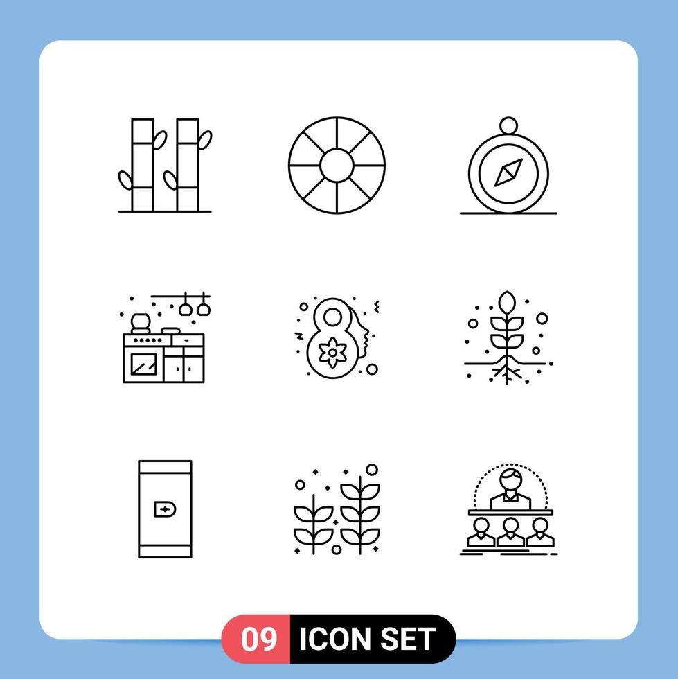 contour de l'interface mobile ensemble de 9 pictogrammes de racine célébrer boussole cuisine féminine éléments de conception vectoriels modifiables vecteur