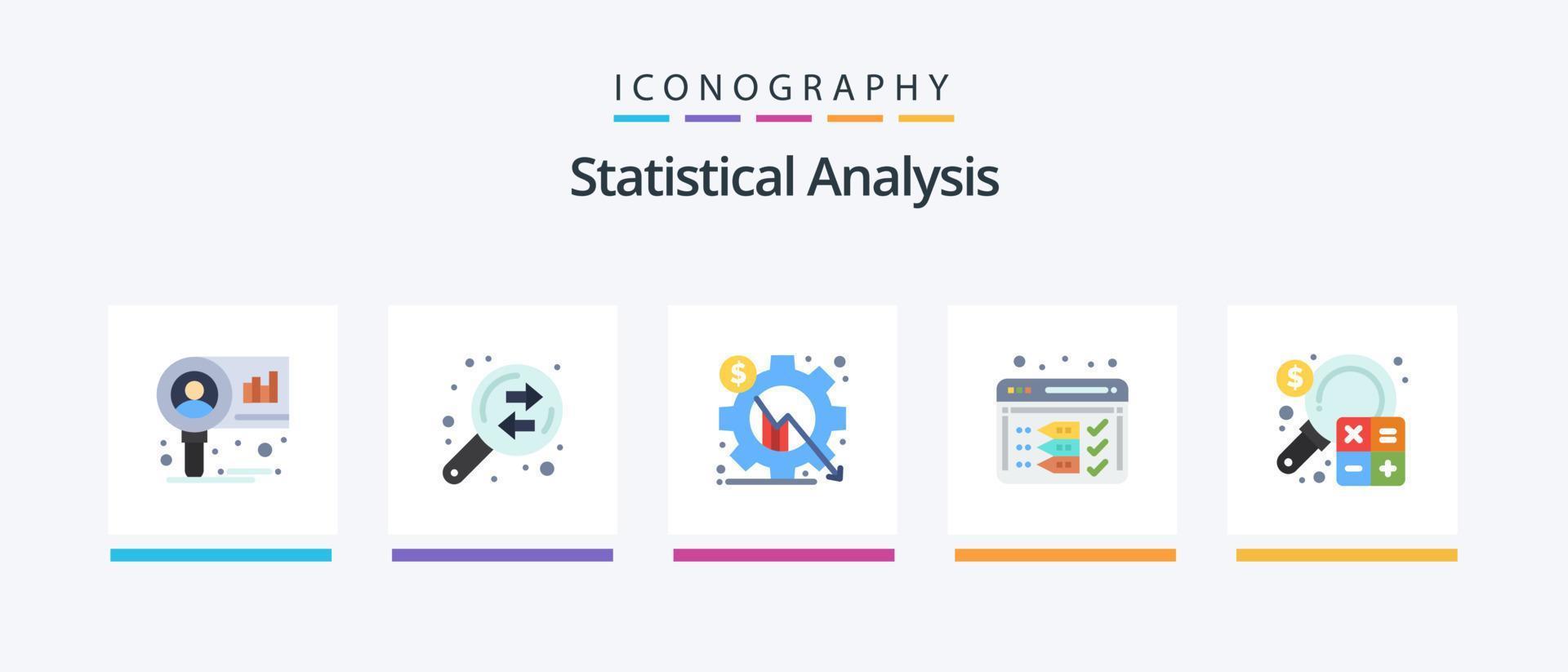 pack d'icônes plat 5 d'analyse statistique, y compris la comptabilité. optimiser. une analyse. développement. paramètre. conception d'icônes créatives vecteur