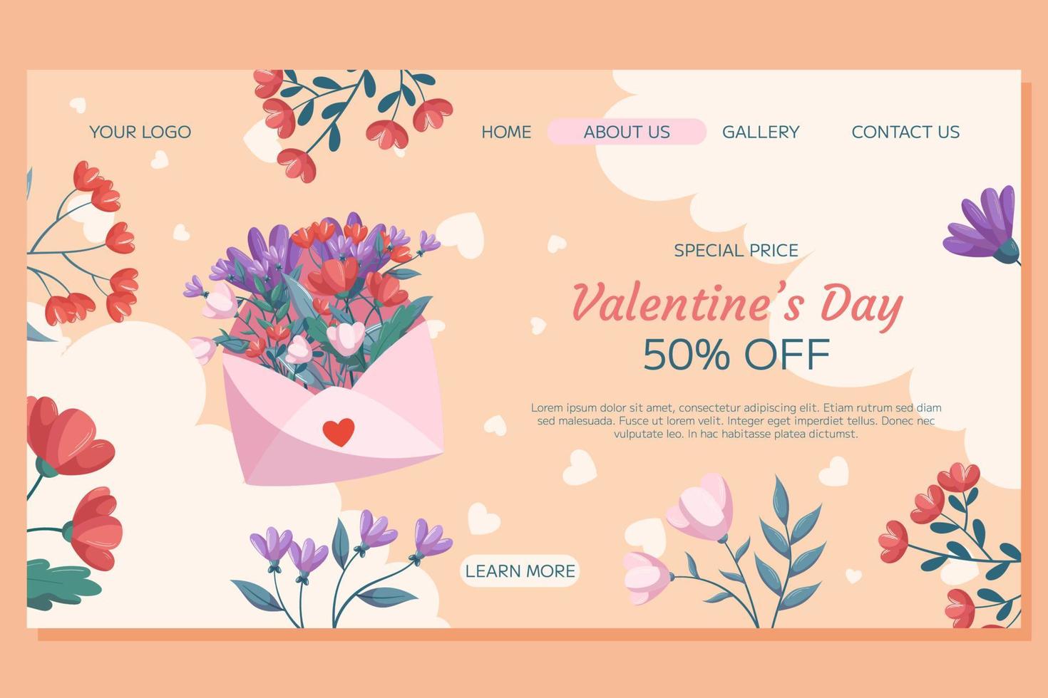 St. conception de modèle de page de destination de la saint-valentin avec enveloppe ouverte rose fleurs rouges feuilles vertes cadre floral en toile de fond beige. concept de prix spécial achats en ligne avec des nuages et des coeurs décoratifs vecteur