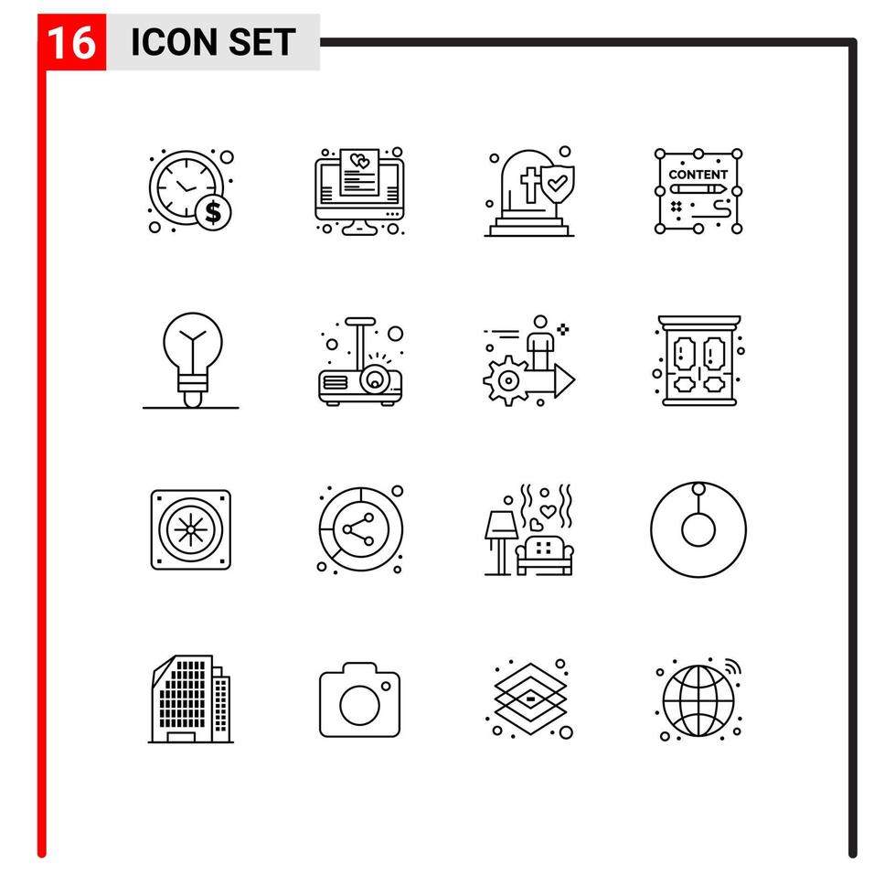 pack de 16 signes et symboles de contours modernes pour les supports d'impression Web tels que les documents de conception de mort d'ampoule de processus éléments de conception vectoriels modifiables vecteur