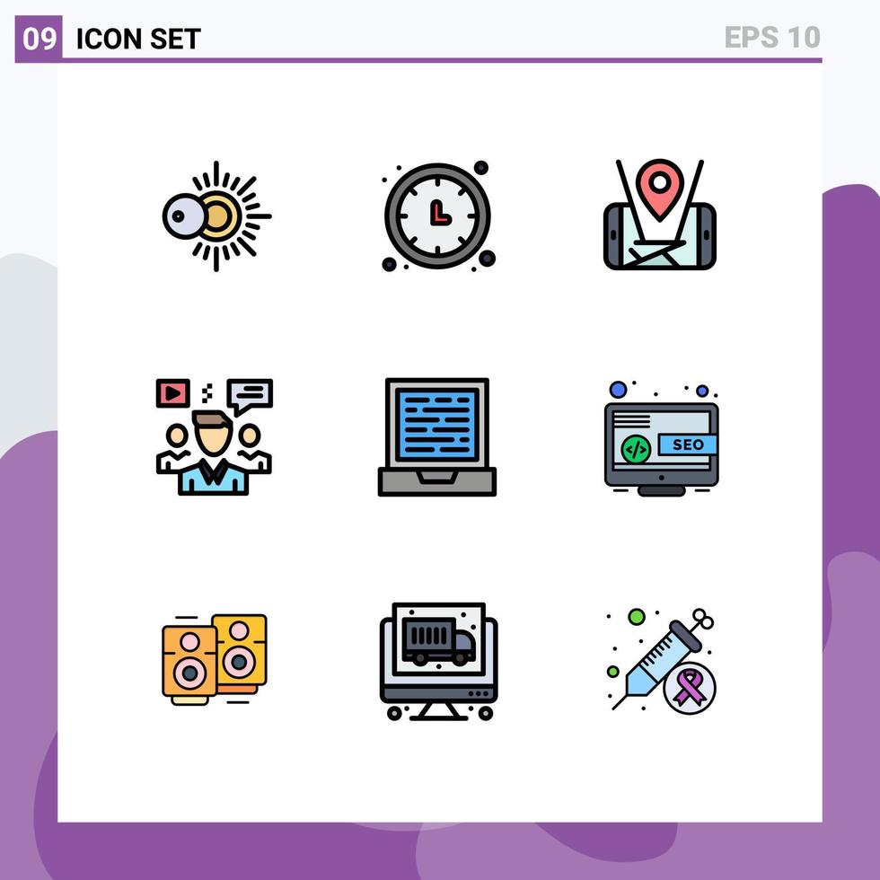 ensemble moderne de 9 pictogrammes de couleurs plates remplies d'éléments de conception vectoriels modifiables par l'utilisateur de la carte vidéo de l'ordinateur portable vecteur