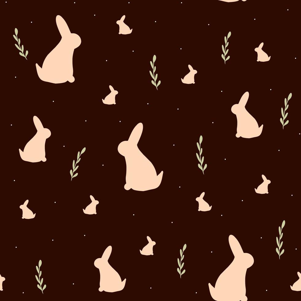 modèle sans couture avec silhouette de lapin et feuilles sur fond sombre, impression printanière pour papier peint, conception de couverture, emballage, décor de vacances, mode enfant, illustration bébé, symbole 2023. vecteur