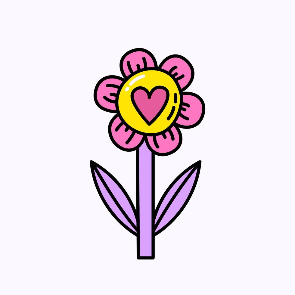 fleur avec coeur illustration de la saint-valentin doodle dessinés à la main. amour et icône mignonne romantique. élément unique vecteur