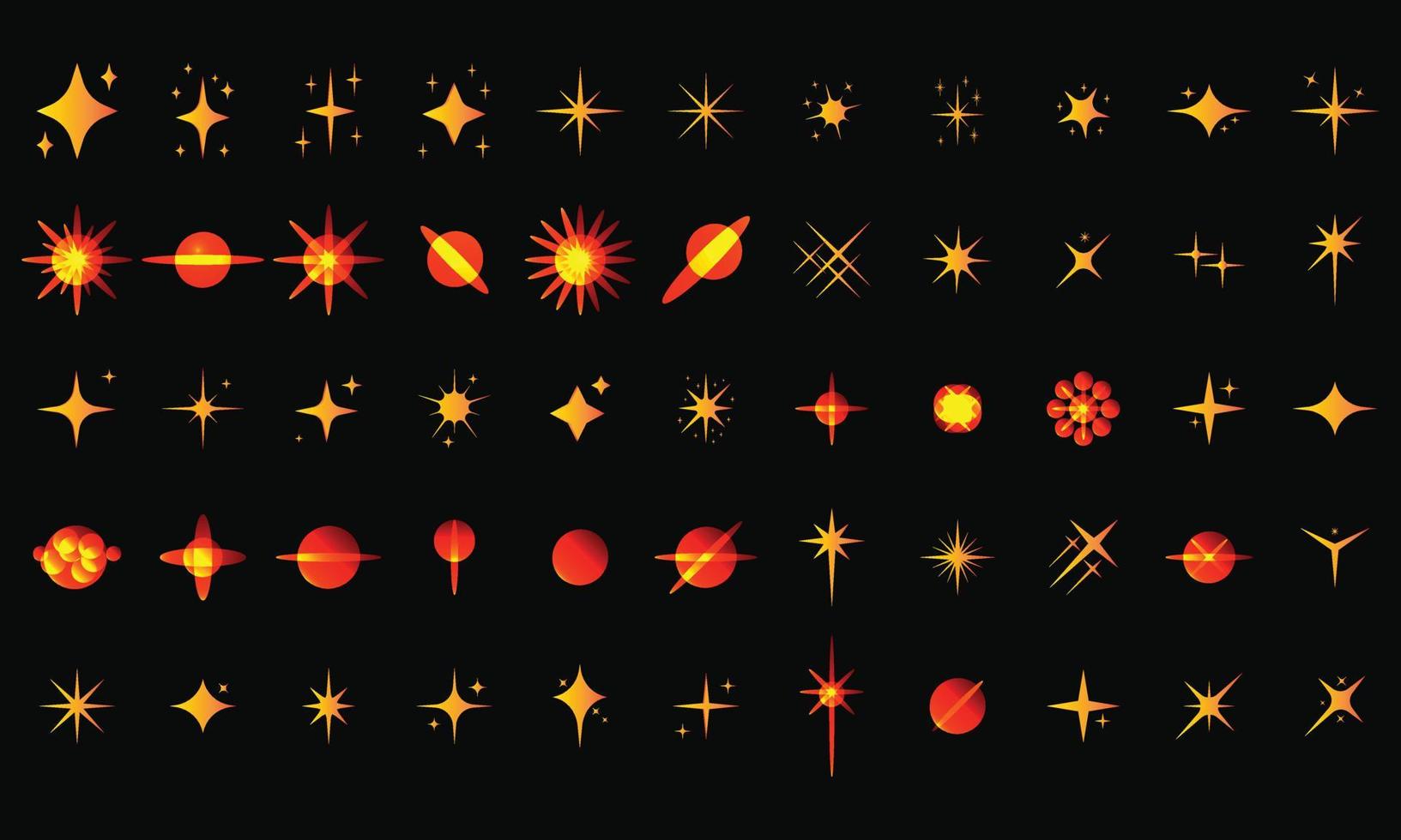 jaune, or, orange scintille vecteur de symboles. l'ensemble d'étoiles vectorielles originales scintillent l'icône. feu d'artifice lumineux, scintillement de décoration, flash brillant. collection d'étoiles et d'éclats d'effet de lumière rougeoyante. vecteur