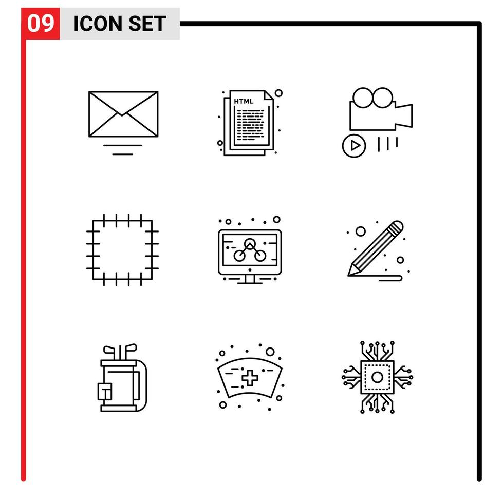 9 concept de contour pour les sites Web mobiles et les applications sac crayon caméra marketing entreprise éléments de conception vectoriels modifiables vecteur