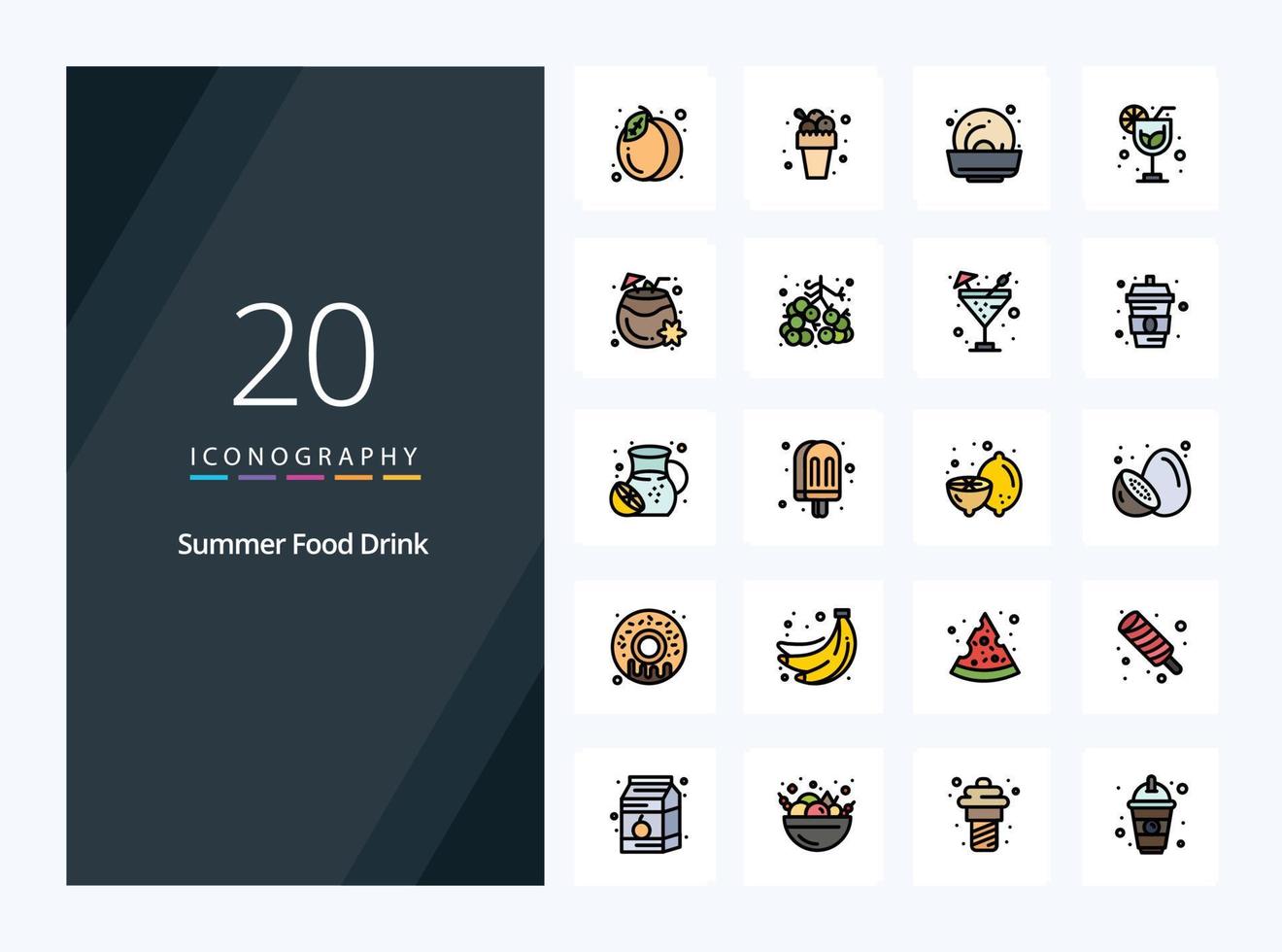20 icône remplie de ligne de boisson alimentaire d'été pour la présentation vecteur