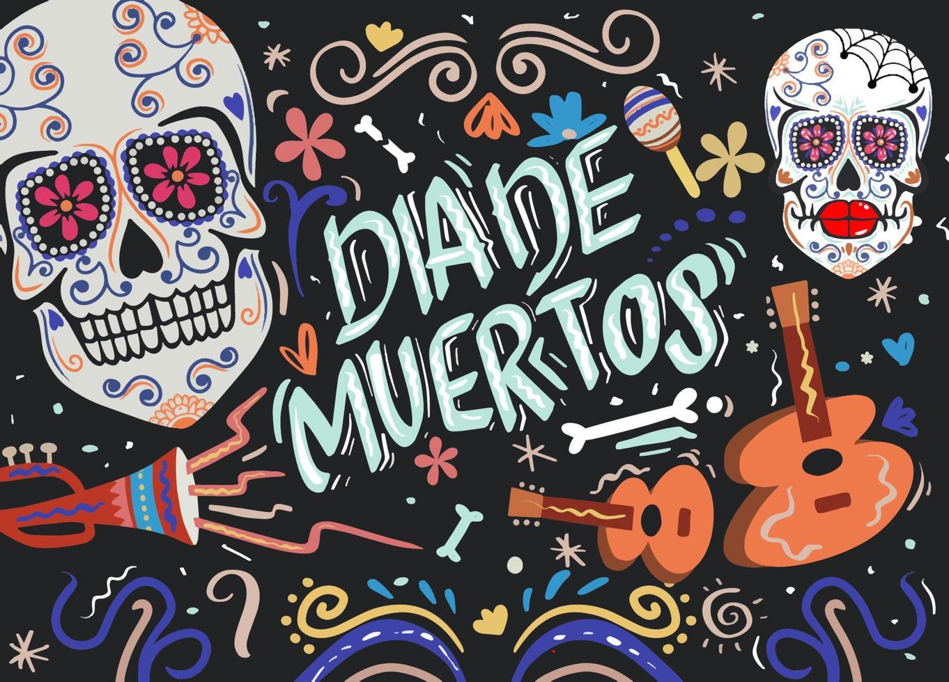 affiche du jour des morts, crâne de sucre mexicain avec instrument vecteur