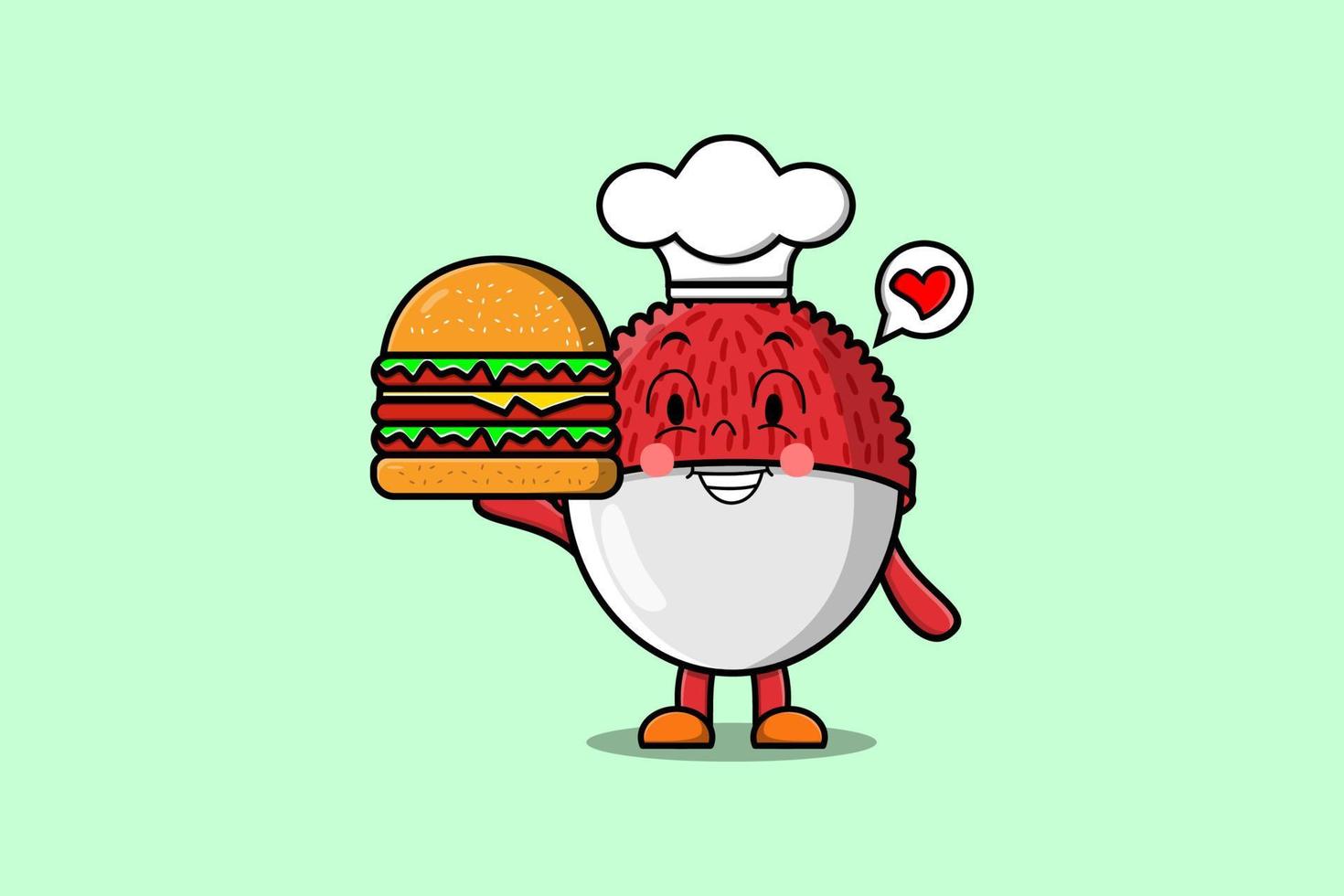 personnage de dessin animé mignon litchi chef tenant burger vecteur