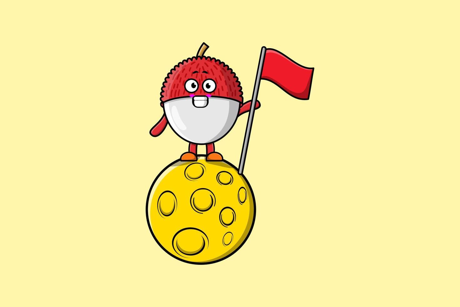 litchi de dessin animé mignon debout sur la lune avec drapeau vecteur