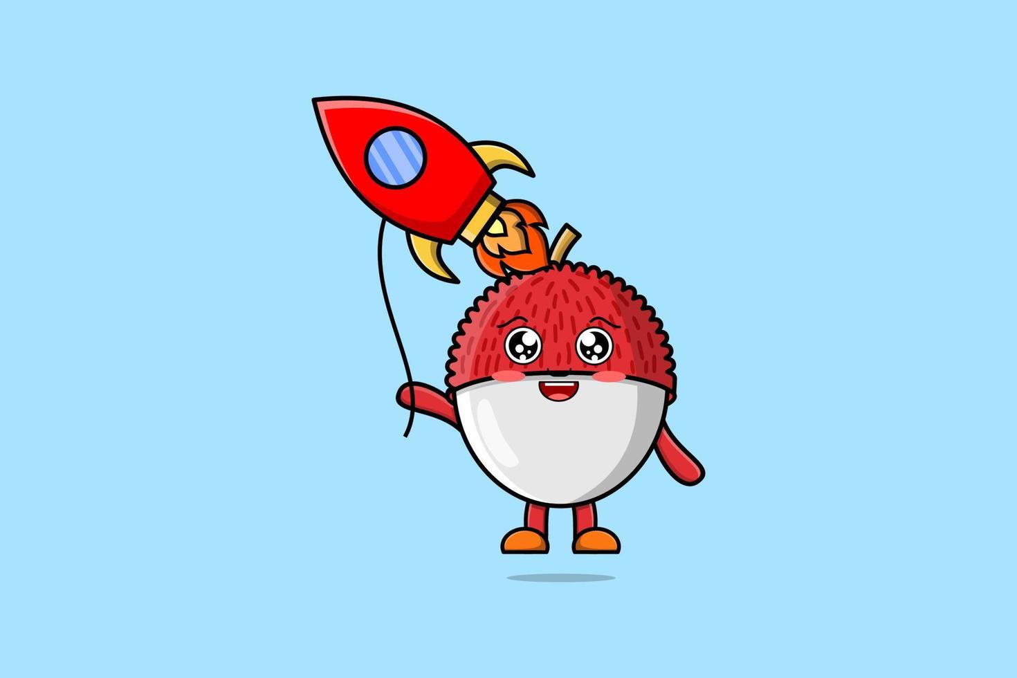 litchi de dessin animé mignon flottant avec ballon fusée vecteur