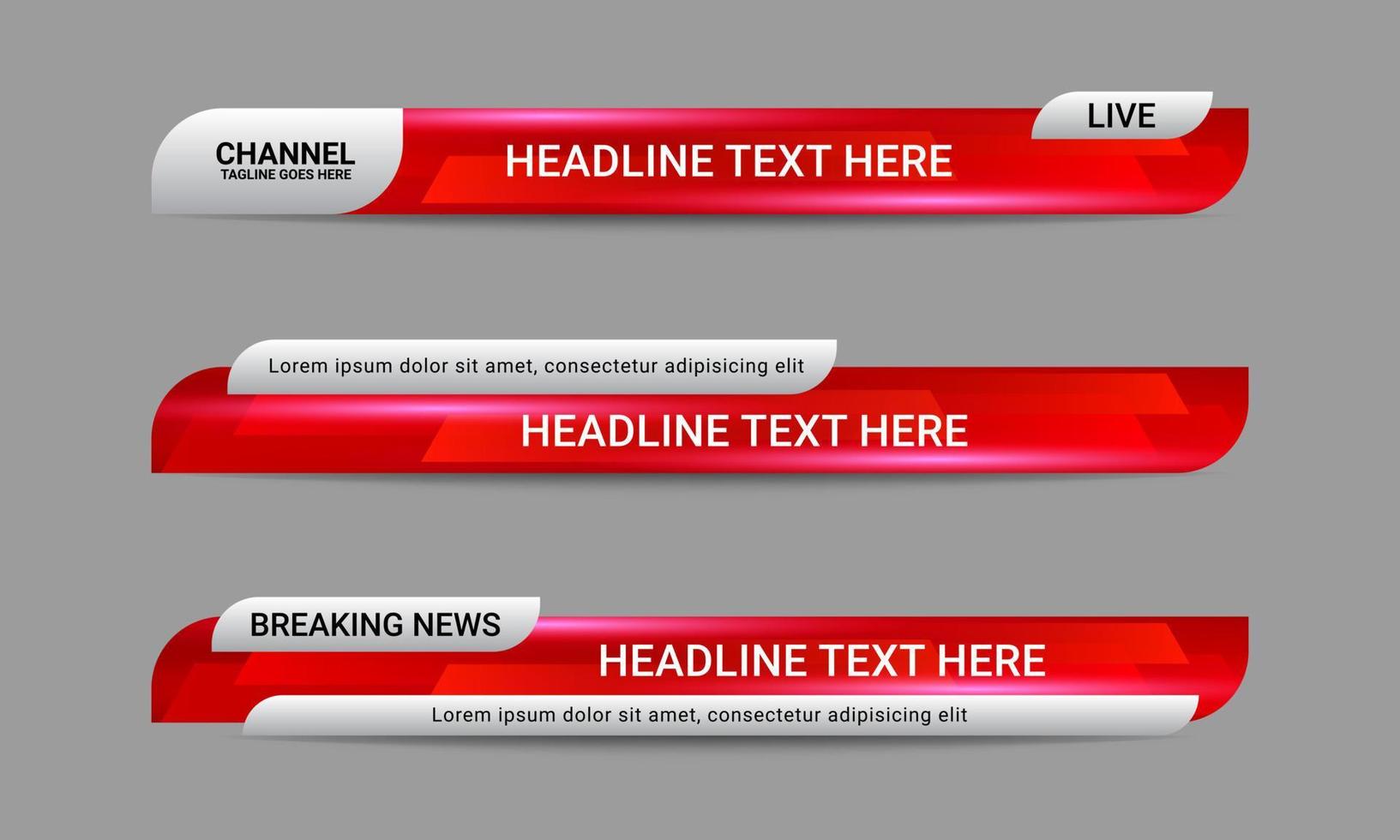 ensemble de modèles de bannières du tiers inférieur d'actualités diffusées pour les chaînes de télévision, de vidéo et de médias. vecteur de conception de mise en page de barre de titre futuriste