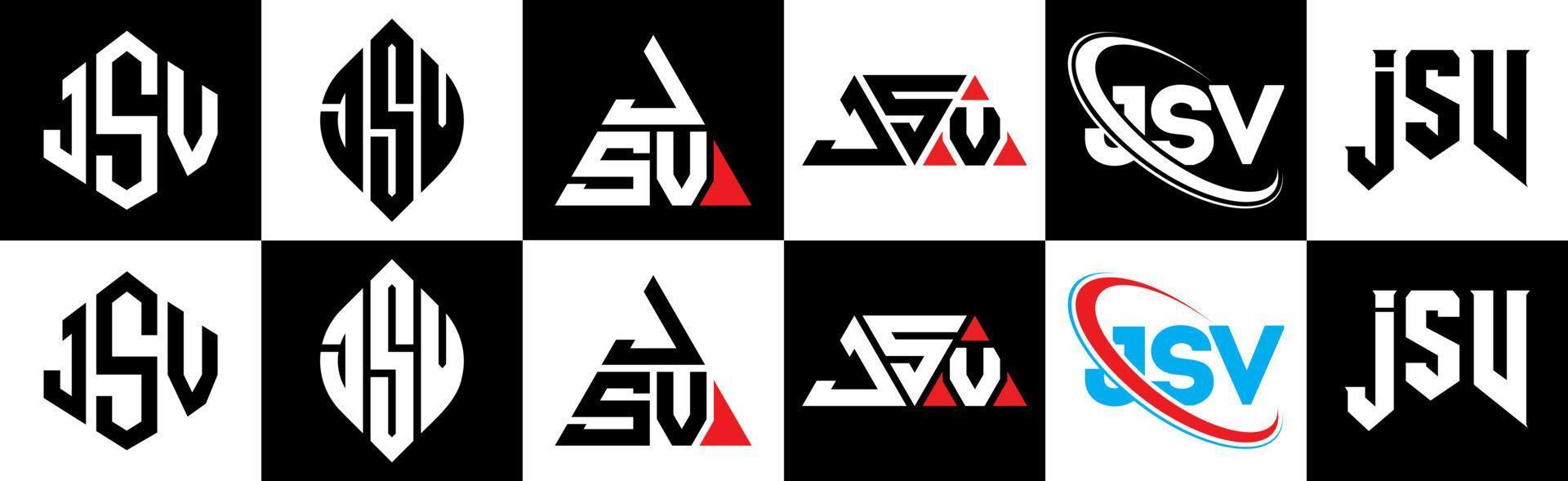 création de logo de lettre jsv en six styles. jsv polygone, cercle, triangle, hexagone, style plat et simple avec logo de lettre de variation de couleur noir et blanc dans un plan de travail. jsv logo minimaliste et classique vecteur