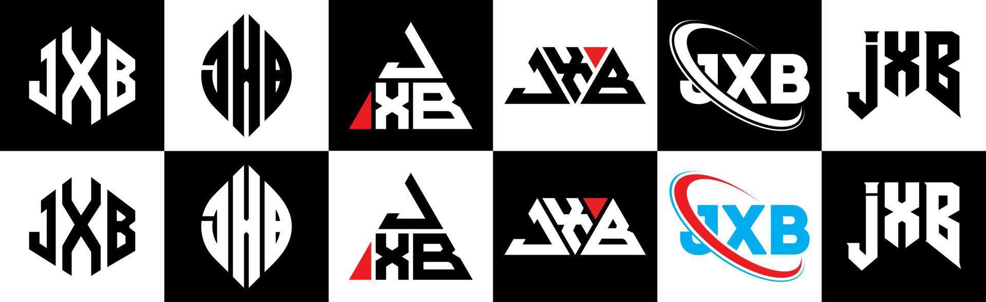 création de logo de lettre jxb en six styles. jxb polygone, cercle, triangle, hexagone, style plat et simple avec logo de lettre de variation de couleur noir et blanc dans un plan de travail. jxb logo minimaliste et classique vecteur