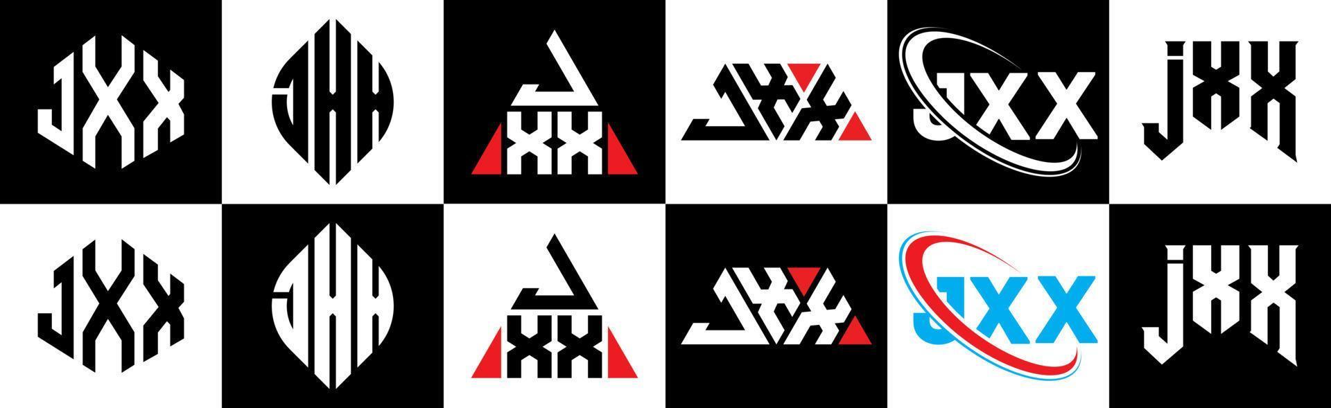 création de logo de lettre jxx en six styles. jxx polygone, cercle, triangle, hexagone, style plat et simple avec logo de lettre de variation de couleur noir et blanc dans un plan de travail. jxx logo minimaliste et classique vecteur