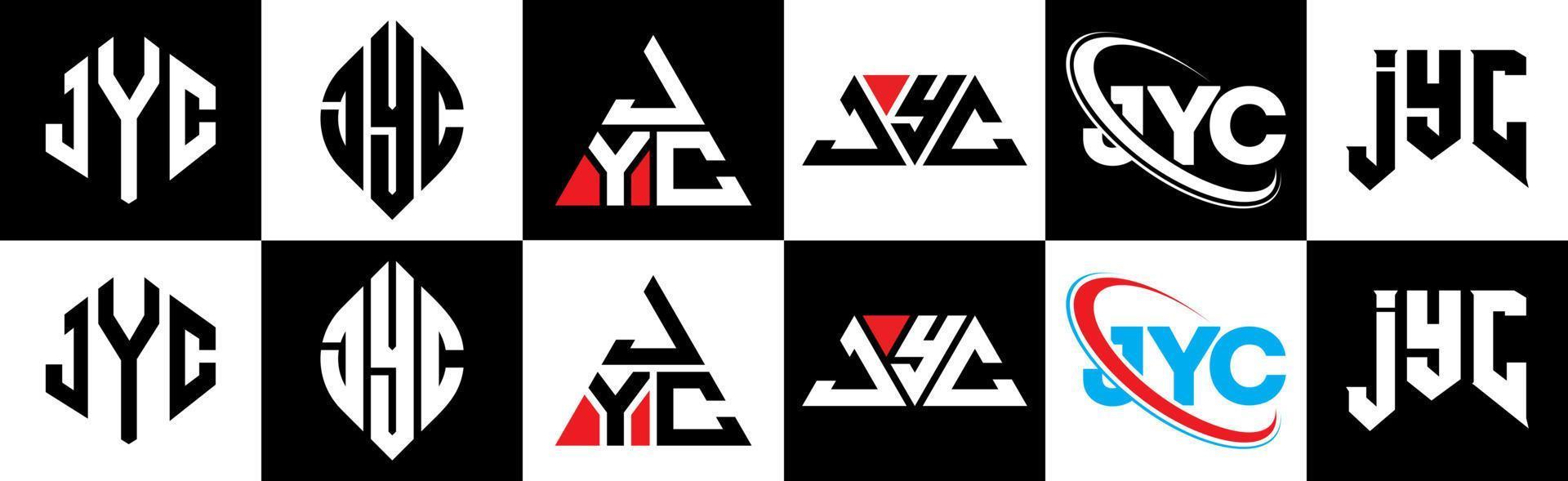 création de logo de lettre jyc en six styles. jyc polygone, cercle, triangle, hexagone, style plat et simple avec logo de lettre de variation de couleur noir et blanc dans un plan de travail. logo jyc minimaliste et classique vecteur