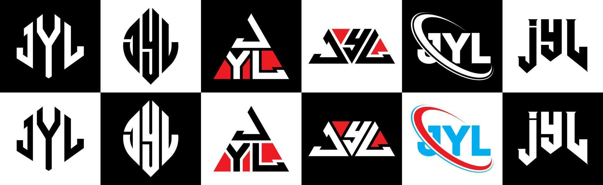 création de logo de lettre jyl en six styles. jyl polygone, cercle, triangle, hexagone, style plat et simple avec logo de lettre de variation de couleur noir et blanc dans un plan de travail. jyl logo minimaliste et classique vecteur