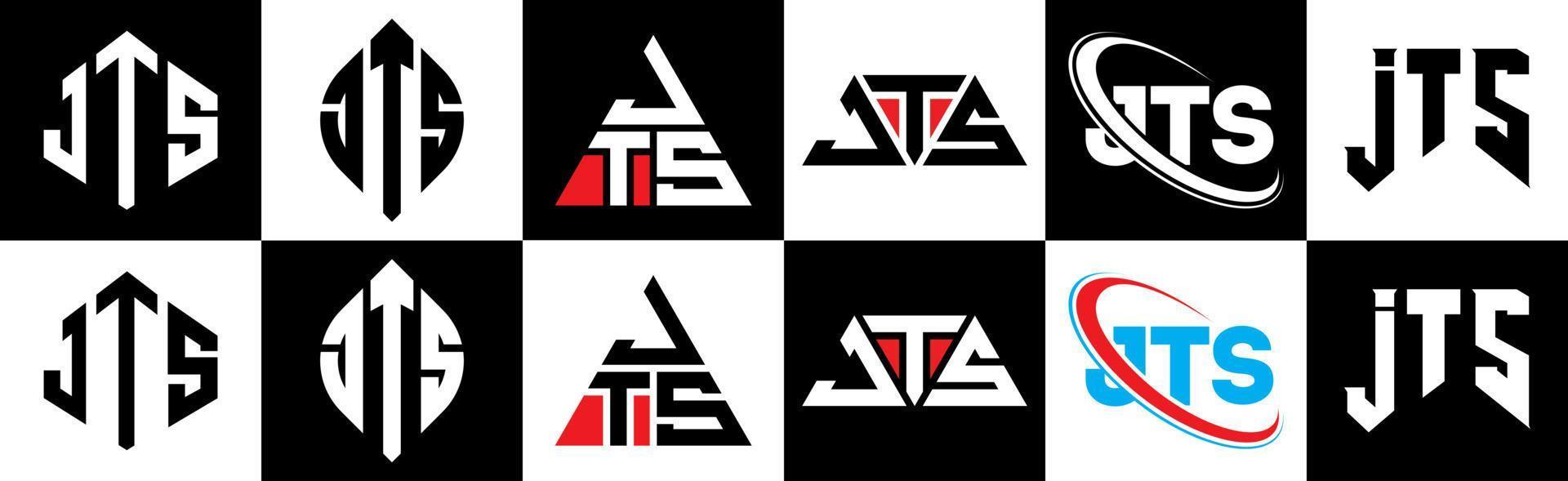 création de logo de lettre jts en six styles. jts polygone, cercle, triangle, hexagone, style plat et simple avec logo de lettre de variation de couleur noir et blanc dans un plan de travail. jts logo minimaliste et classique vecteur