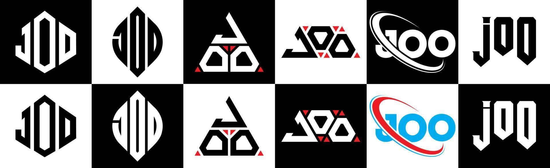 création de logo de lettre joo en six styles. joo polygone, cercle, triangle, hexagone, style plat et simple avec logo de lettre de variation de couleur noir et blanc dans un plan de travail. joo logo minimaliste et classique vecteur