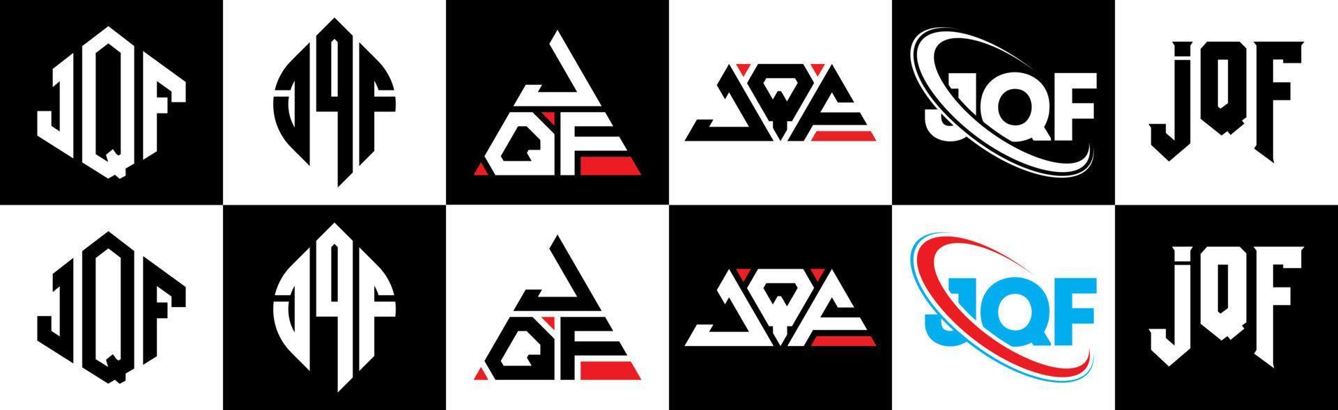 création de logo de lettre jqf en six styles. jqf polygone, cercle, triangle, hexagone, style plat et simple avec logo de lettre de variation de couleur noir et blanc dans un plan de travail. logo jqf minimaliste et classique vecteur