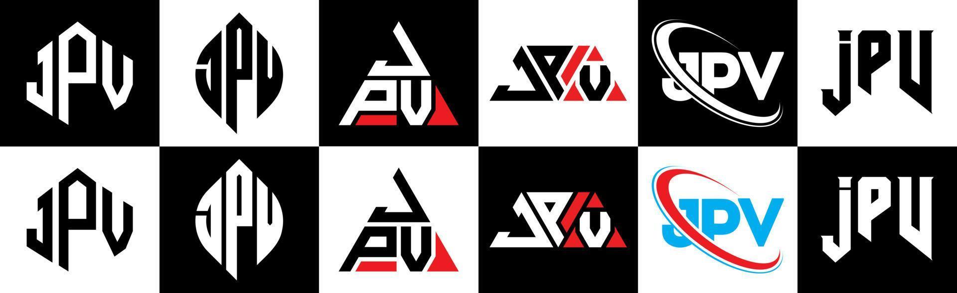 création de logo de lettre jpv en six styles. jpv polygone, cercle, triangle, hexagone, style plat et simple avec logo de lettre de variation de couleur noir et blanc dans un plan de travail. jpv logo minimaliste et classique vecteur