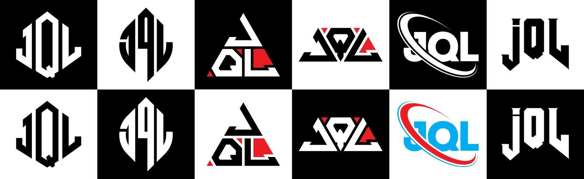 création de logo de lettre jql en six styles. polygone jql, cercle, triangle, hexagone, style plat et simple avec logo de lettre de variation de couleur noir et blanc dans un plan de travail. logo jql minimaliste et classique vecteur