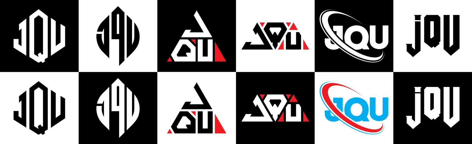 création de logo de lettre jqu en six styles. jqu polygone, cercle, triangle, hexagone, style plat et simple avec logo de lettre de variation de couleur noir et blanc dans un plan de travail. jqu logo minimaliste et classique vecteur