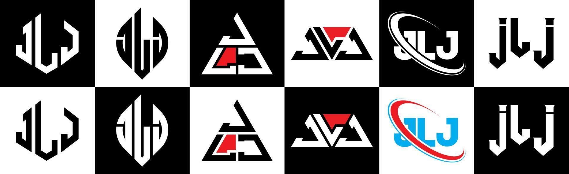 création de logo de lettre jlj en six styles. jlj polygone, cercle, triangle, hexagone, style plat et simple avec logo de lettre de variation de couleur noir et blanc dans un plan de travail. jlj logo minimaliste et classique vecteur