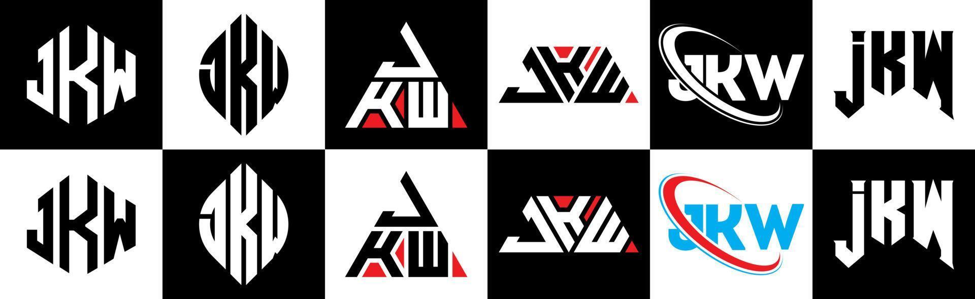 création de logo de lettre jkw en six styles. jkw polygone, cercle, triangle, hexagone, style plat et simple avec logo de lettre de variation de couleur noir et blanc dans un plan de travail. jkw logo minimaliste et classique vecteur