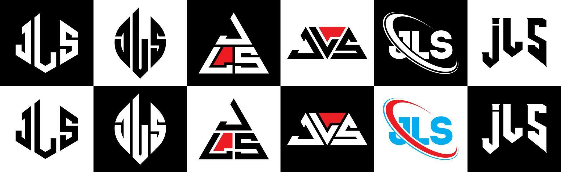 création de logo de lettre jls en six styles. jls polygone, cercle, triangle, hexagone, style plat et simple avec logo de lettre de variation de couleur noir et blanc dans un plan de travail. jls logo minimaliste et classique vecteur