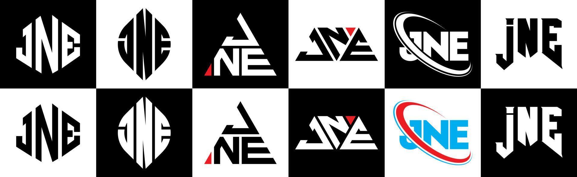 création de logo de lettre jne en six styles. jne polygone, cercle, triangle, hexagone, style plat et simple avec logo de lettre de variation de couleur noir et blanc dans un plan de travail. jne logo minimaliste et classique vecteur