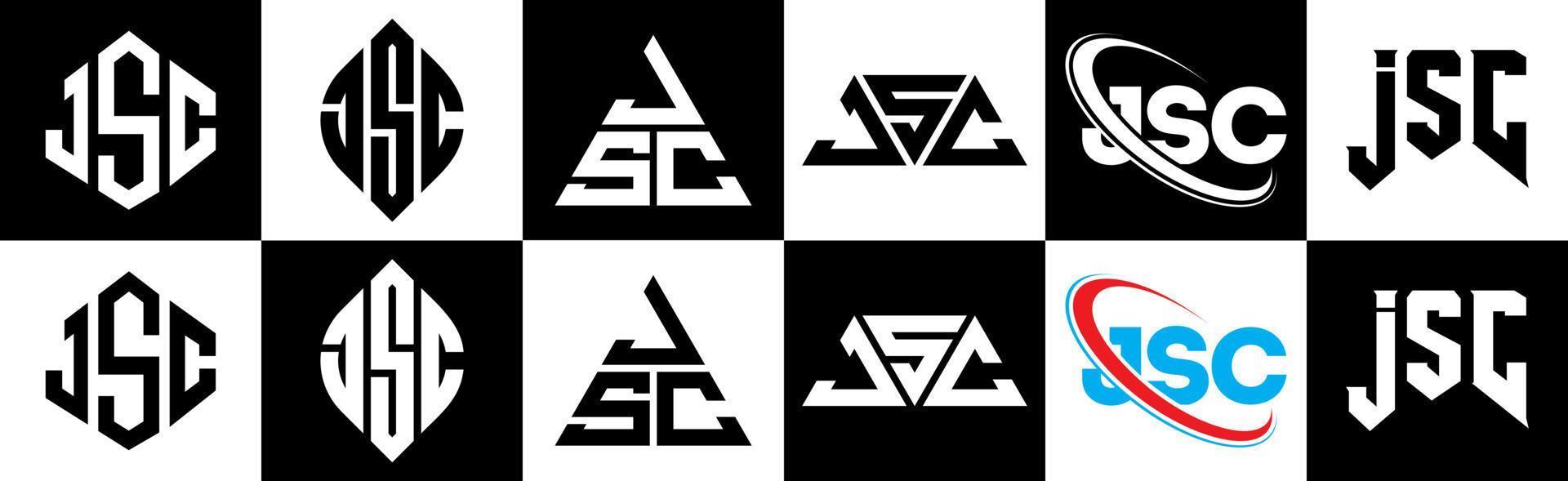 création de logo de lettre jsc en six styles. jsc polygone, cercle, triangle, hexagone, style plat et simple avec logo de lettre de variation de couleur noir et blanc dans un plan de travail. logo jsc minimaliste et classique vecteur