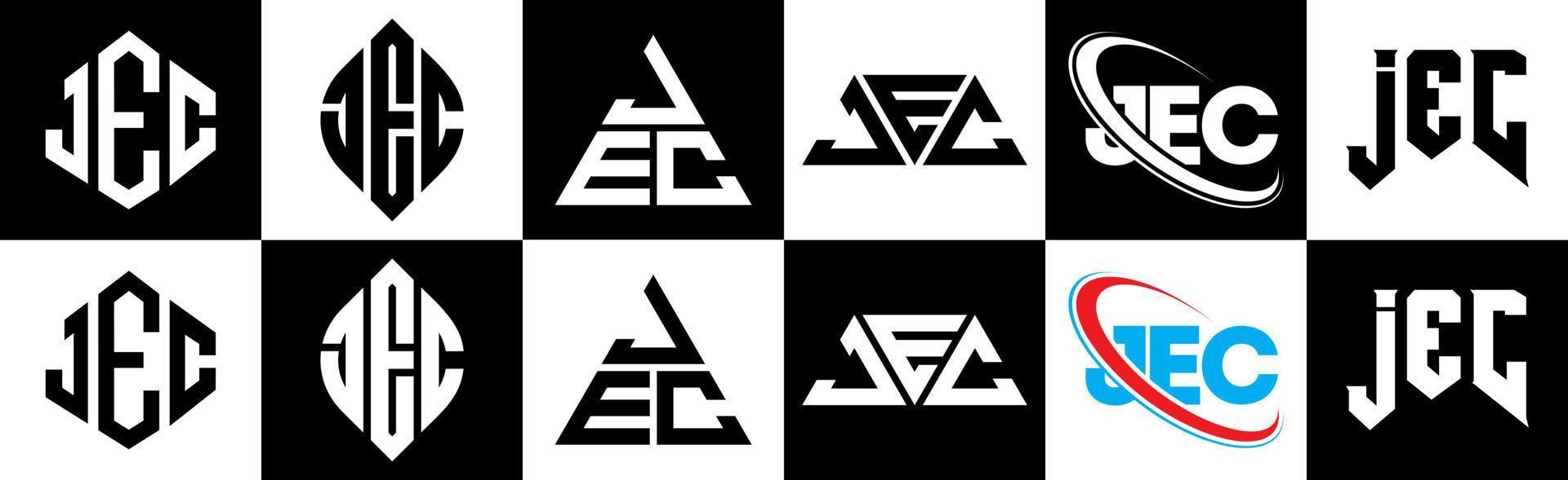 création de logo de lettre jec en six styles. jec polygone, cercle, triangle, hexagone, style plat et simple avec logo de lettre de variation de couleur noir et blanc dans un plan de travail. jec logo minimaliste et classique vecteur