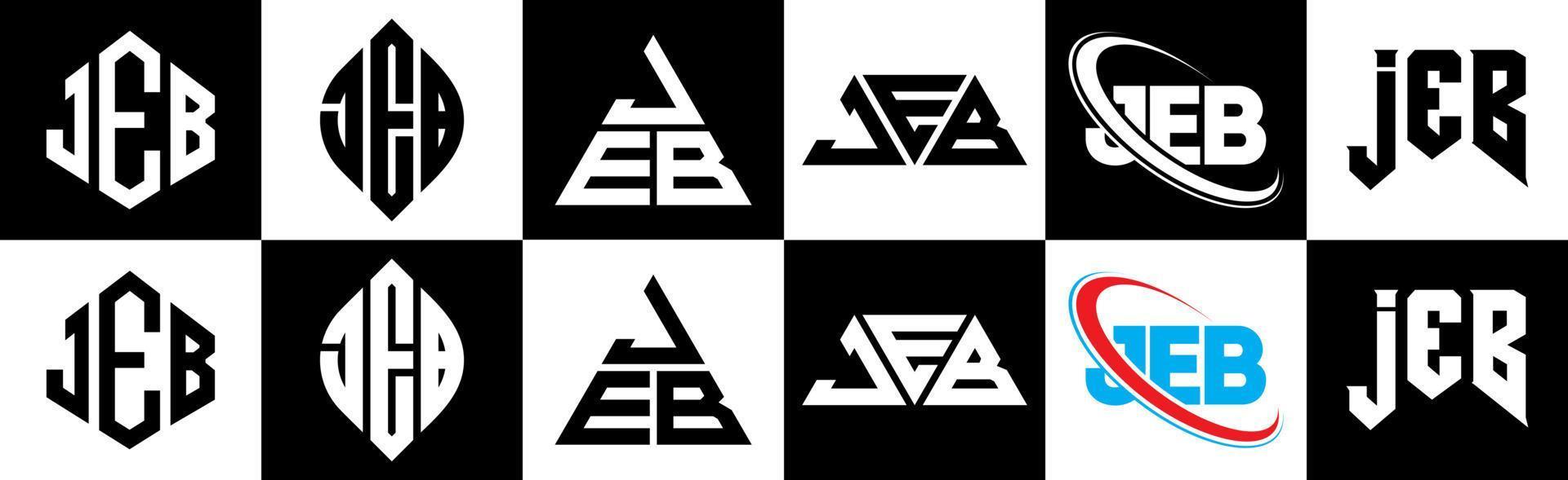 création de logo de lettre jeb en six styles. polygone jeb, cercle, triangle, hexagone, style plat et simple avec logo de lettre de variation de couleur noir et blanc dans un plan de travail. jeb logo minimaliste et classique vecteur