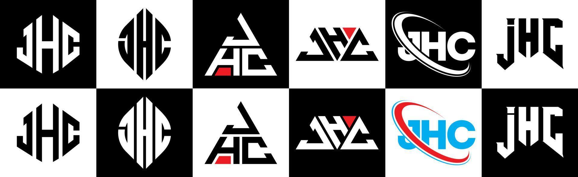 création de logo de lettre jhc en six styles. jhc polygone, cercle, triangle, hexagone, style plat et simple avec logo de lettre de variation de couleur noir et blanc dans un plan de travail. logo jhc minimaliste et classique vecteur